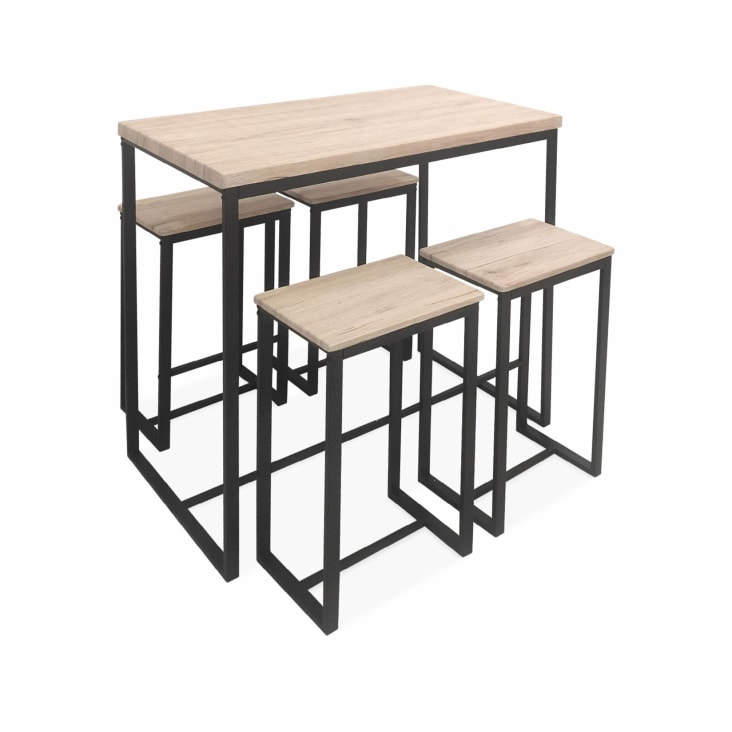 Conjunto mesa alta rectangular LOFT con 4 taburetes de barra, en acero e  imitación madera, de diseño