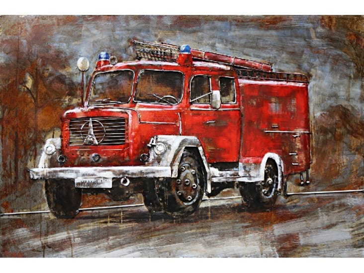 Tableau relief en métal camion pompier 120x80