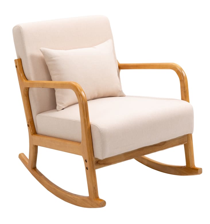 Poltrona scandinava in legno e tessuto con braccioli beige Lorens