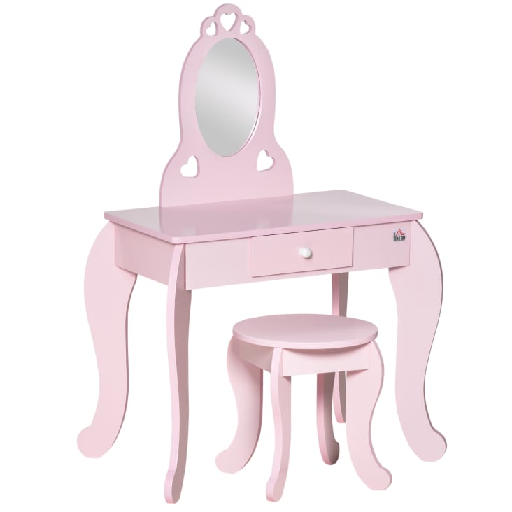 Tavolo trucco per bambini con sgabello in legno rosa