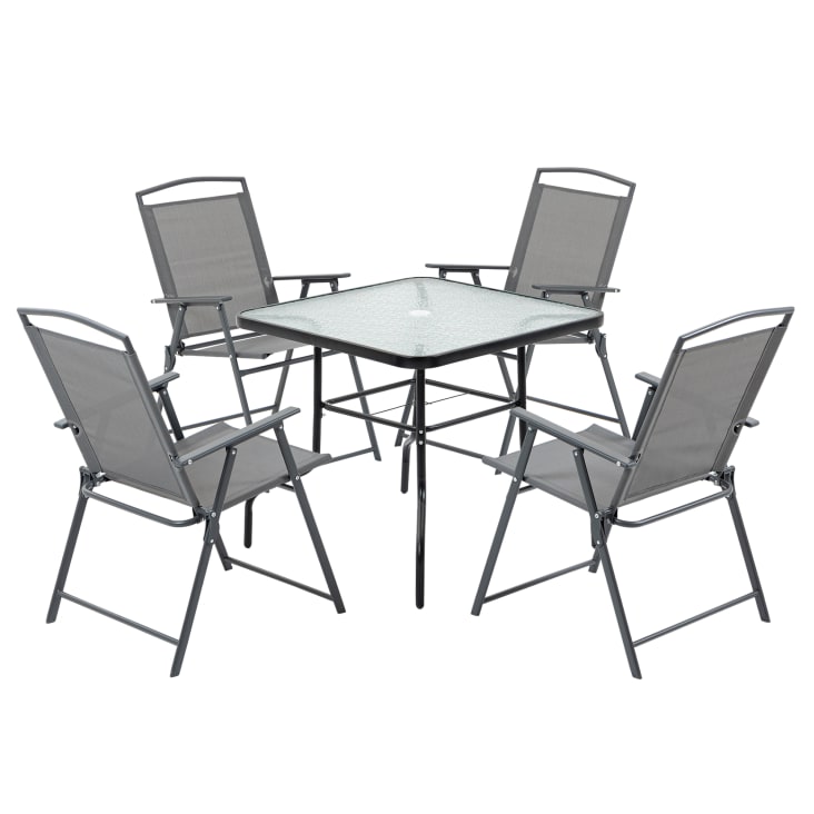 Set tavolo da esterno con 4 sedie pieghevoli metallo grigio