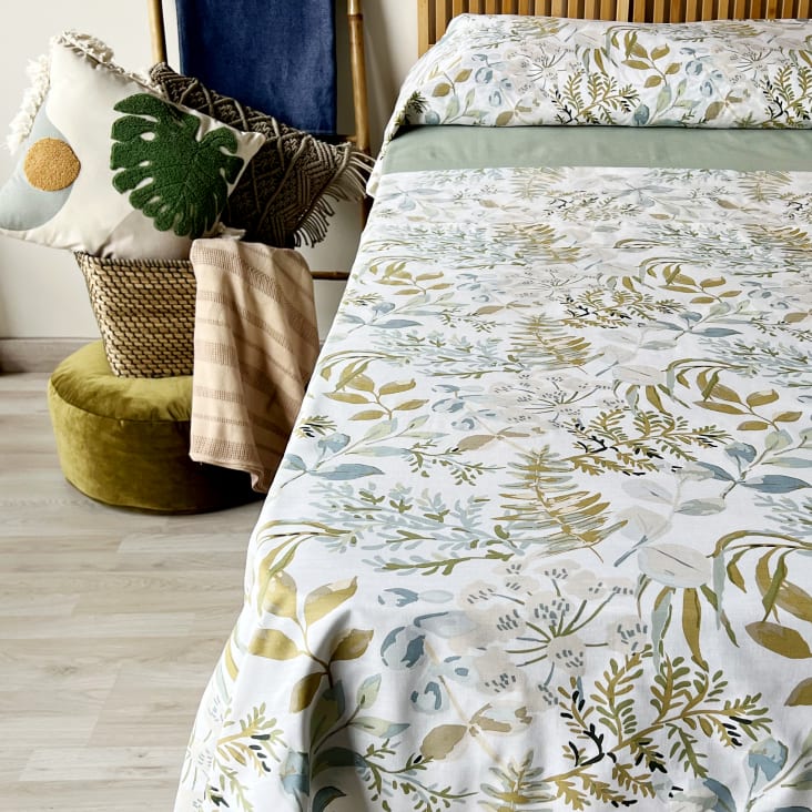 Sábana bajera ajustable 100% algodón 90x200 cm diseño floral verde