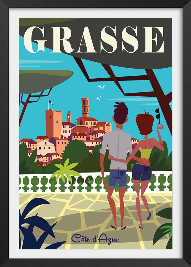 Poster di viaggio di Grasse con marco negro 30x45cm