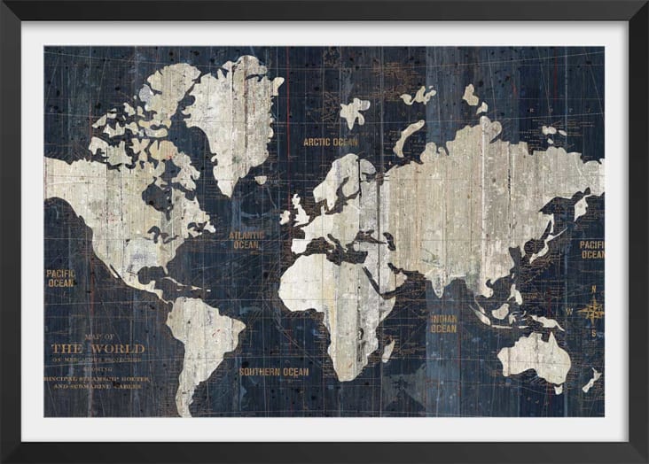 Poster cartina del mondo corsi navigabili con marco negro 60x40cm