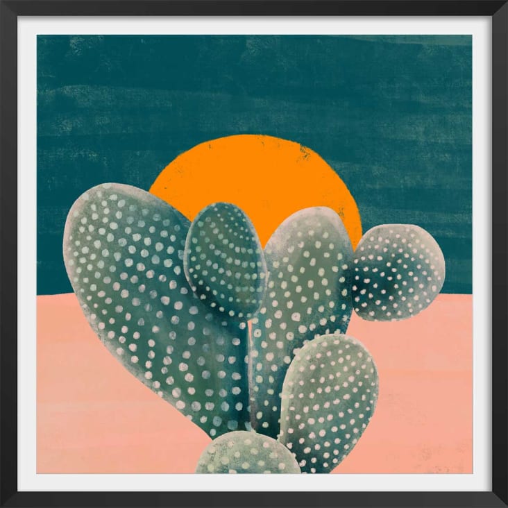 Affiche illustration cactus et soleil orange avec cadre noir 30x30cm