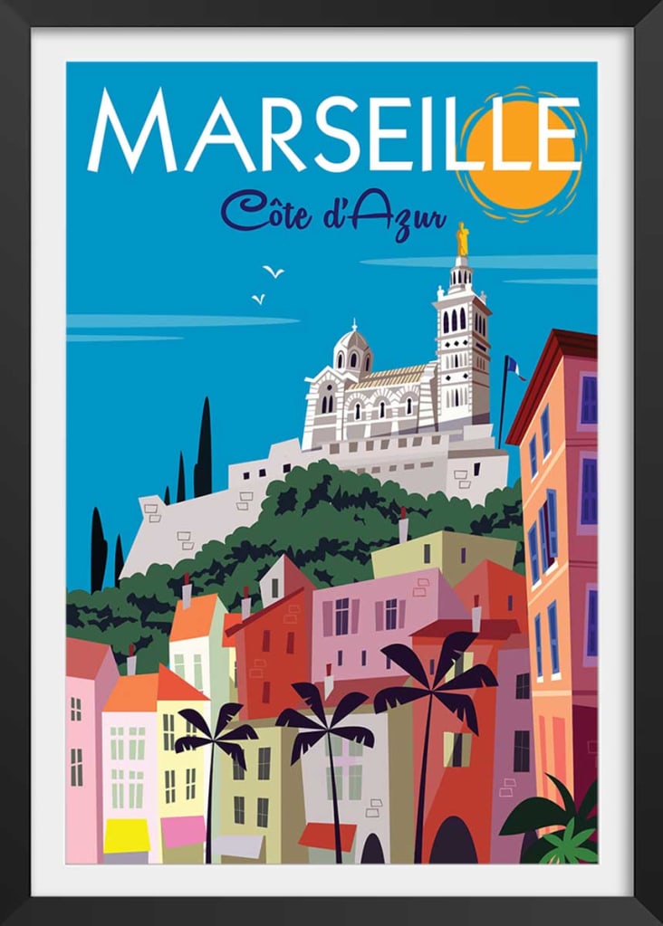Affiche vintage Marseille avec cadre noir 30x45cm