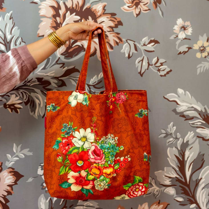 Totebag de terciopelo con estampado floral canela | Maisons Monde