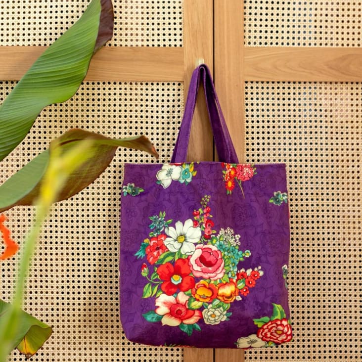 Borsa da viaggio in velluto stampato a fiori viola Hanami