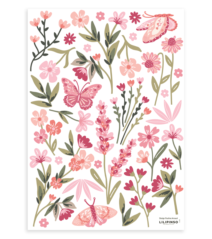 Stickers muraux fleurs et papillons en vinyle mat rose MAGENTA