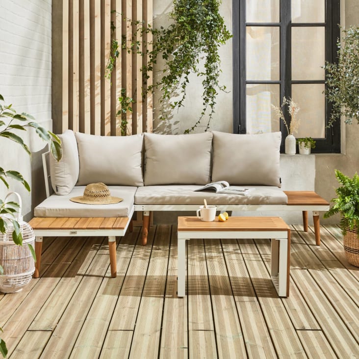Salon de jardin 4 places en bois d'acacia naturel et gris clair