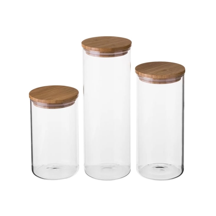 Relaxdays Lot de 3 bocaux en verre, couvercle bambou, bocal conservation  rond, 650 ml, hermétique, transparent/