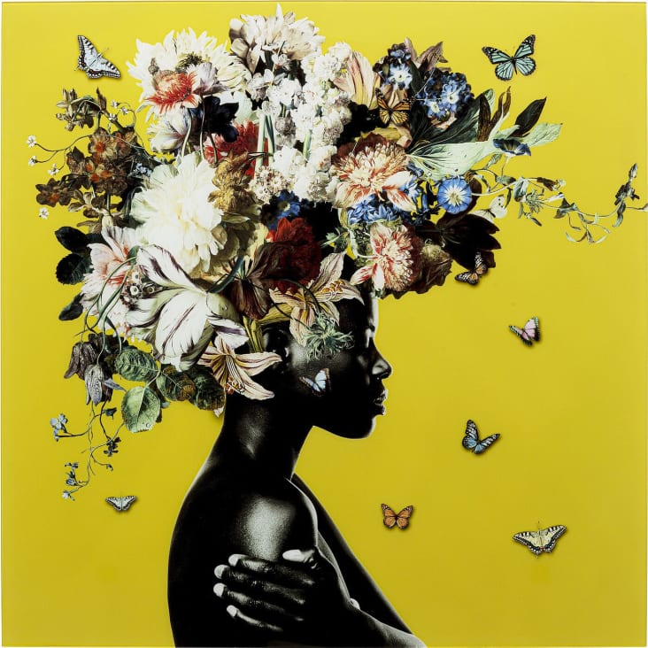 Tableau femme couronne de fleurs sur fond jaune 100x100