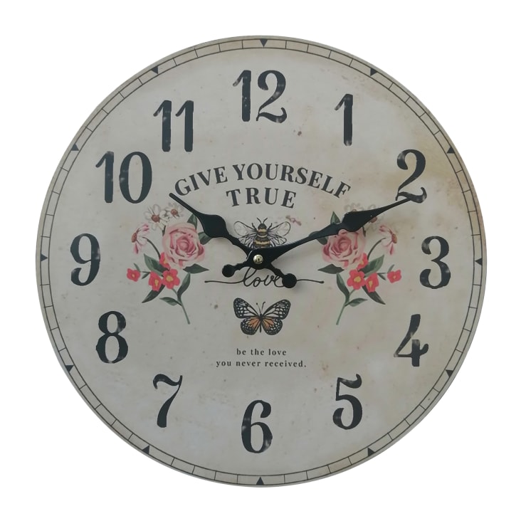 Reloj antiguo de madera blanco con estampado floral D. 33 8 cm