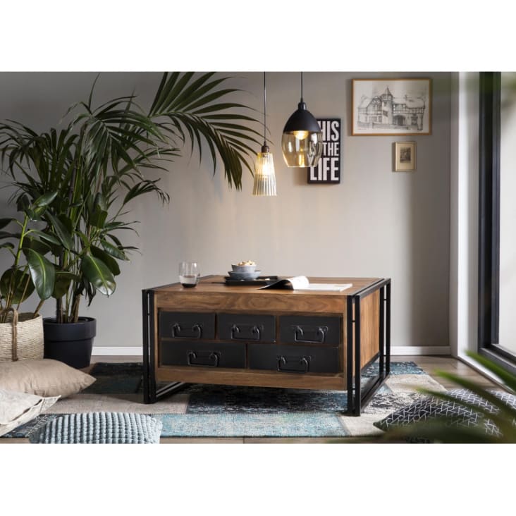 Table basse industriel carrée 90 cm en acacia massif Pamela Maisons