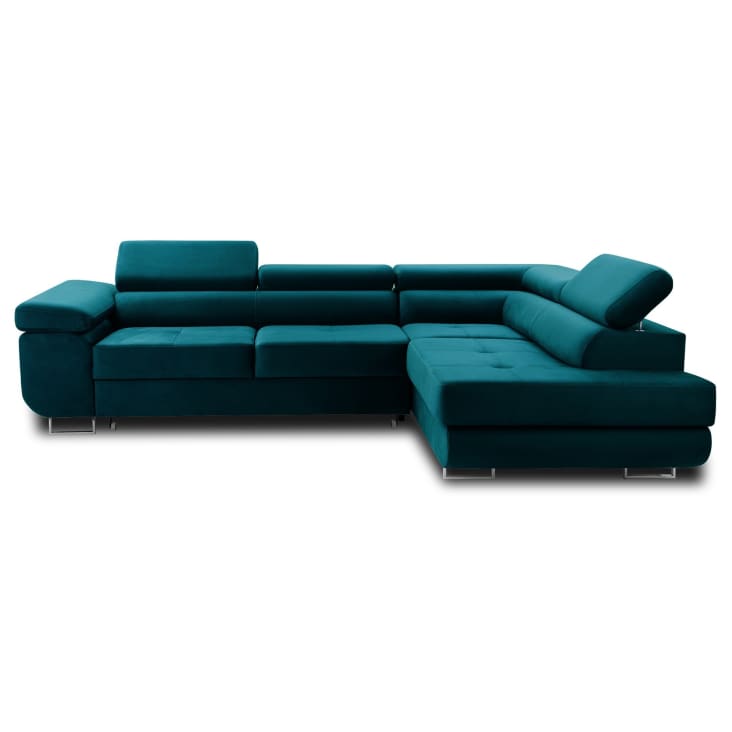 Canapé d'angle droit convertible 5 places en velours bleu canard Pablo