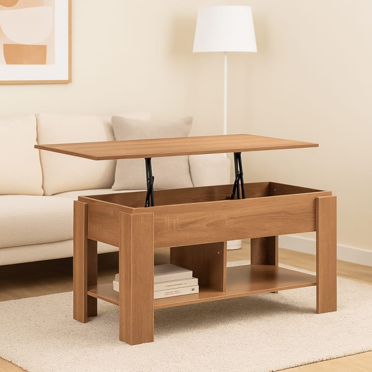 Table Basse Relevable Skraut Home 110x50x45cm - Chêne Et Noir - Pour Salon/Salle à Manger