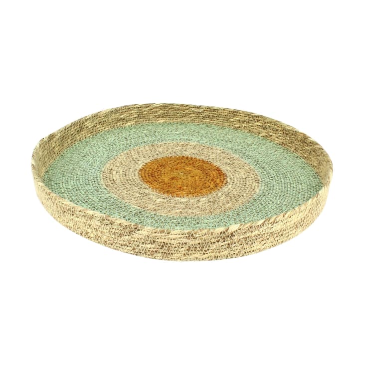 Grand Plateau Rond En Jonc Et Céramique – Vintage 1990 – Blanc, 37 Cm – Fait Main