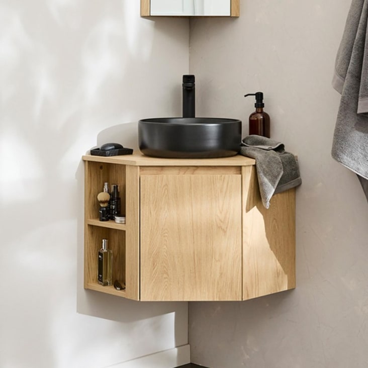 Meuble Sous Vasque D'Angle Sorrento + Vasque Noire + Robinet - Ensemble Salle De Bain
