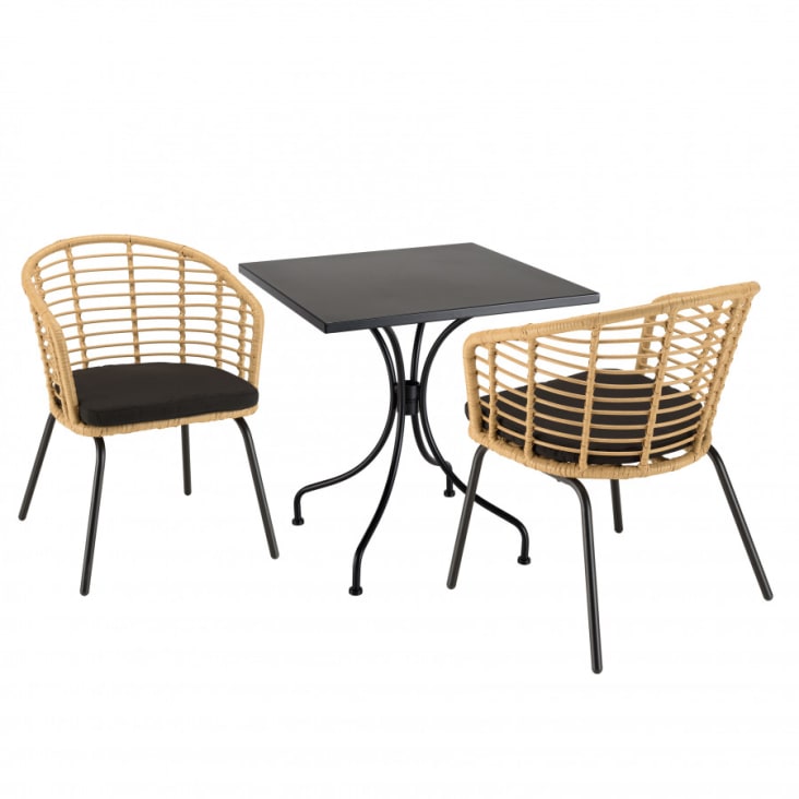 Salon de jardin 2 personnes Table carrée 70x70cm et 2 fauteuils gris et  noirs en cordage