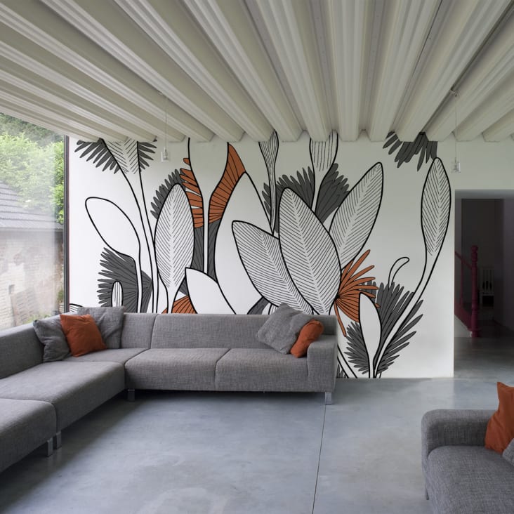 450x250 Maisons Pflanzenmotiv Wax Grau du Monde | Grafik Panorama-Vliestapete