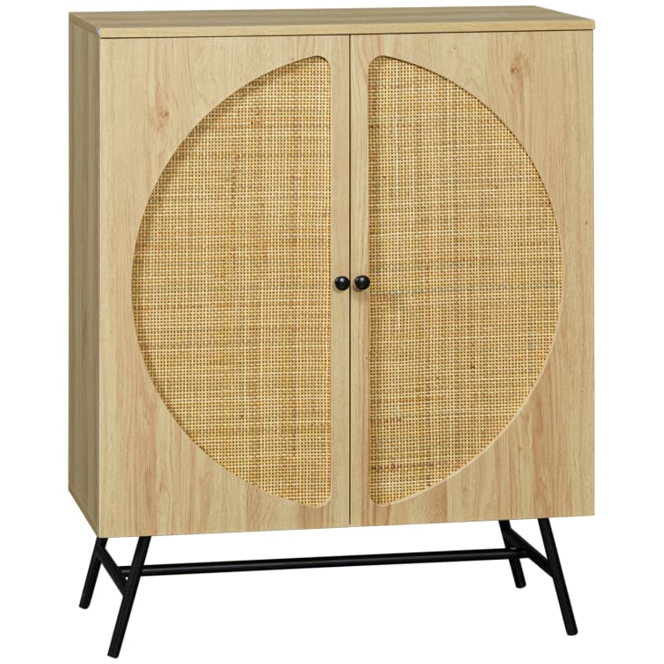 Buffet Salon HOMCOM Effet Rotin - 2 Portes, étagère Réglable, Style Bohème - Rangement Salle à Manger/cuisine 75x38x77 Cm - Bois Naturel, Charge 45 Kg - 1