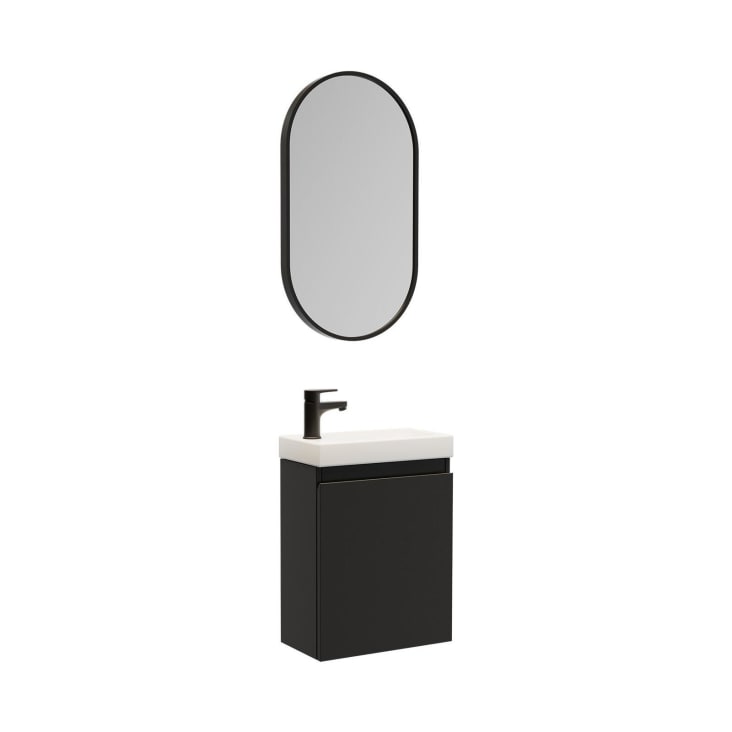 Meuble Lave-Mains Lisa Gris Sable + Robinet Noir + Miroir Ovale - Ensemble Complet Salle De Bain