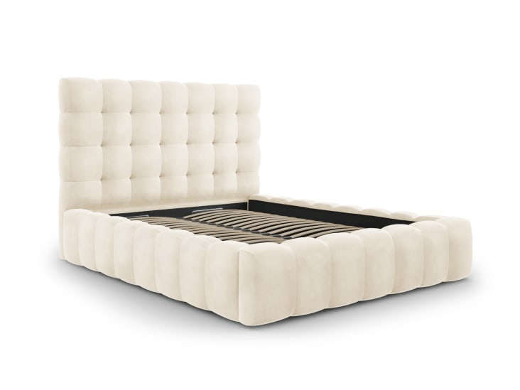 Lit Coffre 160x200 Cm SENHO Anton - Tête De Lit Velours Beige, Sommier Inclus, Rangement Intégré