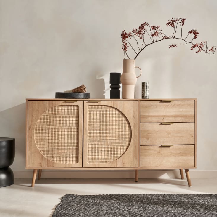 Buffet 140 Cm Blanc Et Bois – 2 Portes, 3 Tiroirs, éclairage LED | Meuble Rangement Salon Salle à Manger
