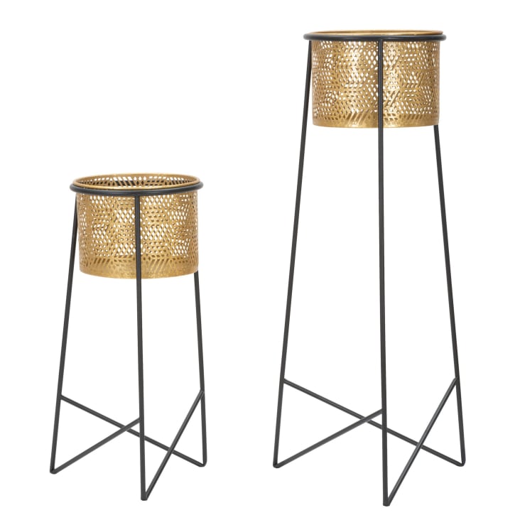 Spetebo - Set Di 2 Portavasi In Metallo Con Vasi Neri, Rotondi, Altezze 74 E 58 Cm - Supporto Per Piante In Ferro Con Piedini In Gomma, Per Interni, Colore Nero