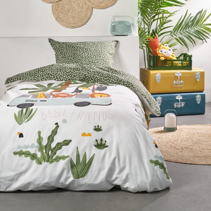 Parure De Lit Enfant 140x200cm Animaux Du Monde - 100% Coton OEKO-TEX - Housse De Couette + Taie 63x63cm - Beige