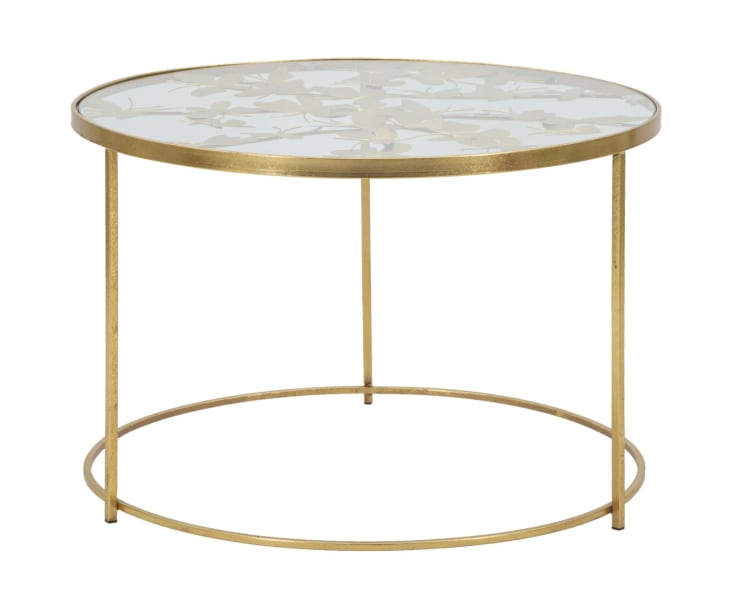 Tavolo da caffè rotondo, in metallo dorato, con piano in specchio, colore  oro, Misure 50 x 58,5 x 50 cm, Con imballo rinforzato