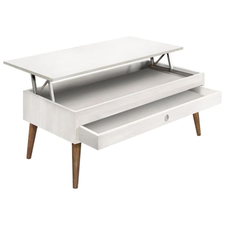 Mesa de centro elevable en madera de roble con pata metálica blanca Alys