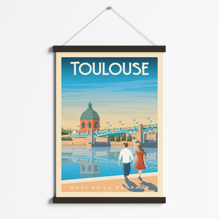 Affiche Toulouse France + Cadre Magnétique (Bois Noir) 50x70 cm