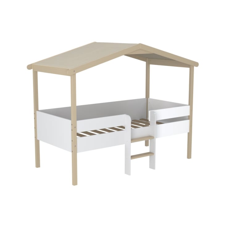 Lit Cabane Sur Pilotis Pour Enfant - 90x190 Cm, Bois Naturel Et Blanc, Toit Toile Lavable, Sans Matelas