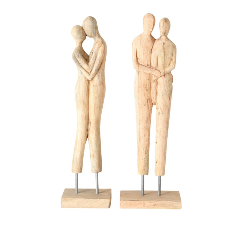 Set de 2 figurines couple déco à poser en bois de manguier H56cm