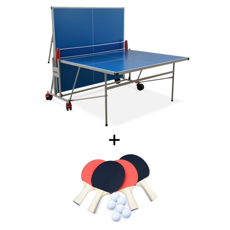 Table de ping pong outdoor bleue, avec 4 raquettes et 6 balles