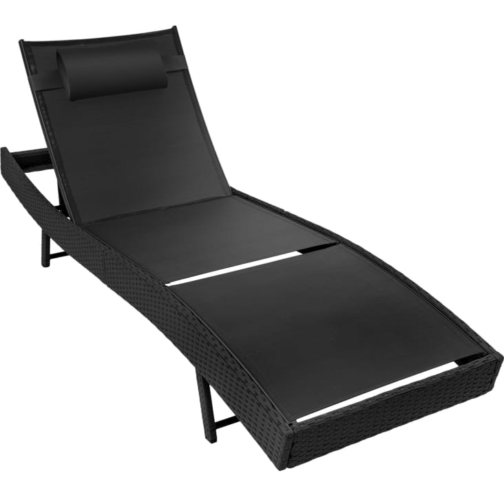 Chaise longue en rotin résistant antiUV Coussin de tête amovible noir