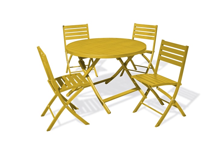 Ensemble repas de jardin 4 places en aluminium jaune moutarde