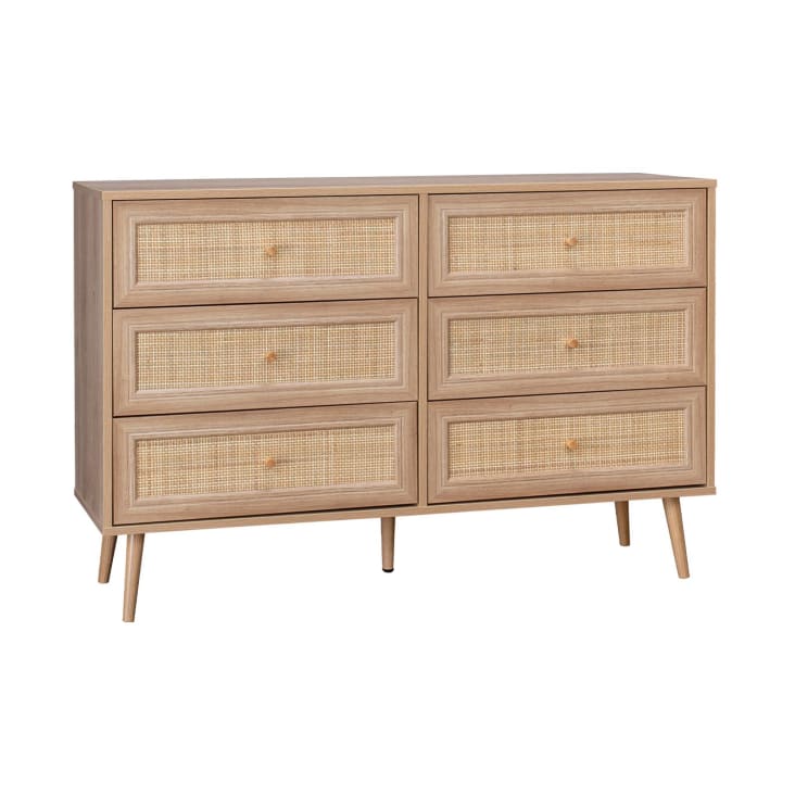 Commode effet bois et cannage 6 tiroirs, naturel