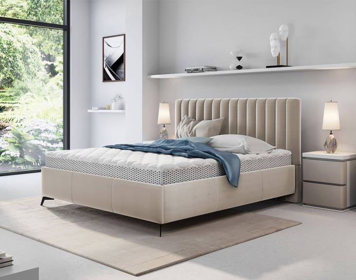 Sommier Tapissier Eris 160x200cm Beige - Hauteur 30cm - Structure Latts Et Tissu Matelassé