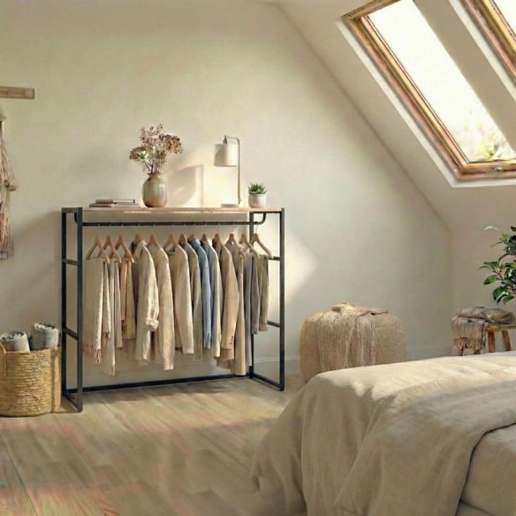 Portant Vêtements Sous Combles KADRA Blanc - Bois Et Métal - 100x85x40cm - Max 30kg