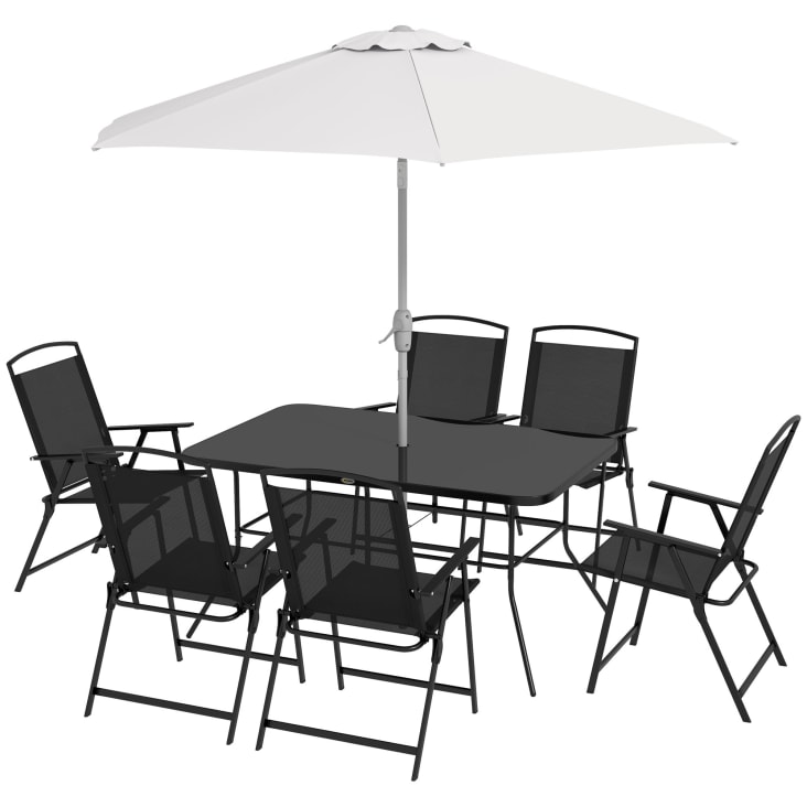 Salon de jardin 6 places 8 pcs - parasol, table, 6 chaises pliantes ...