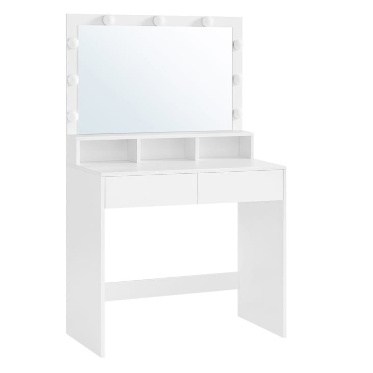 Coiffeuse 1 tiroir, 3 niches et 1 miroir avec ampoules blanc - H140 cm