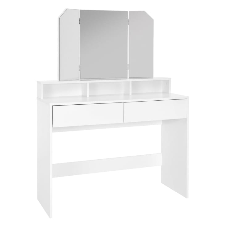 Postazione Trucco Con Specchio LED HZuaneri 108 Cm - 11 Cassetti, 3 Vani, Luci Regolabili, USB E Prese, Colore Bianco