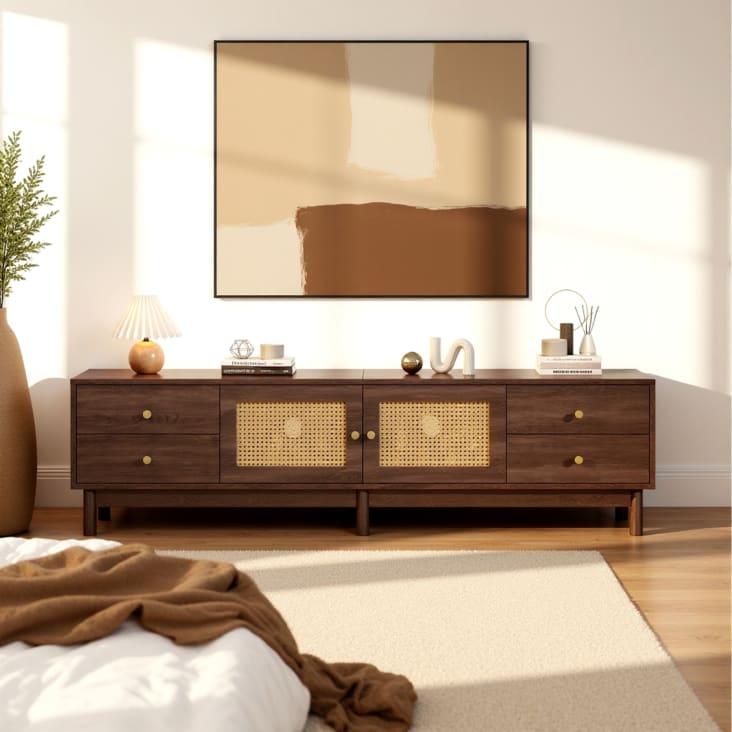 Meuble TV Rotin Et Noyer 180 Cm - Design Rétro-moderne, Portes Coulissantes, Tiroir, Charge 30 Kg, Pieds Réglables
