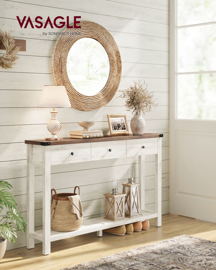Table Console En Bois Avec 3 Tiroirs Et Compartiment Ouvert - 130x30x80 Cm - Style Rustique Tressé - Pour Entrée, Salon, Chambre - 12