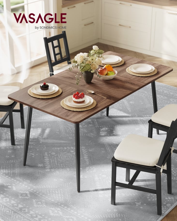 Table à Manger 140 Cm GrandCA HOME - Design Moderne Minimaliste, Pieds Métal, Plateau MDF Effet Marbre, Marron Clair