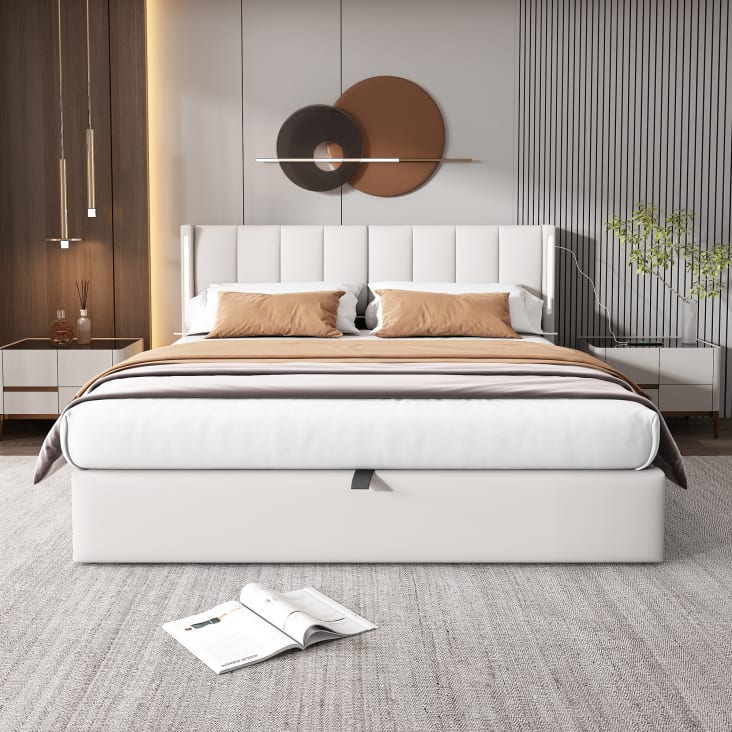 Lit coffre 160x200 cm en tissu lin avec LED - prises USB et Type-C sur Lit coffre 160x200 cm en tissu lin avec LED - prises USB et Type-C sur