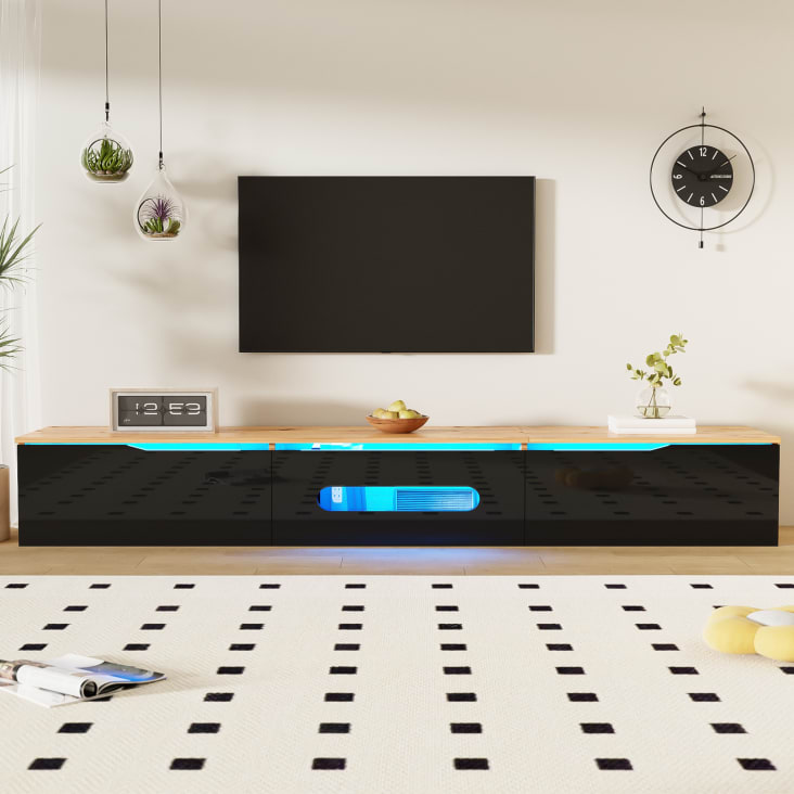 Meuble TV Mural Suspendu 180 Cm – Design Moderne Noir – 2 Portes Silencieuses – Espace Rangement – Pour Salon