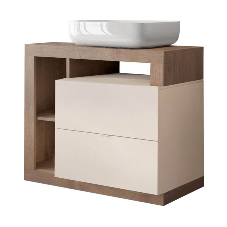 Meuble vasque 92cm 2 tiroirs beige laqué et aspect bois finition merc ...